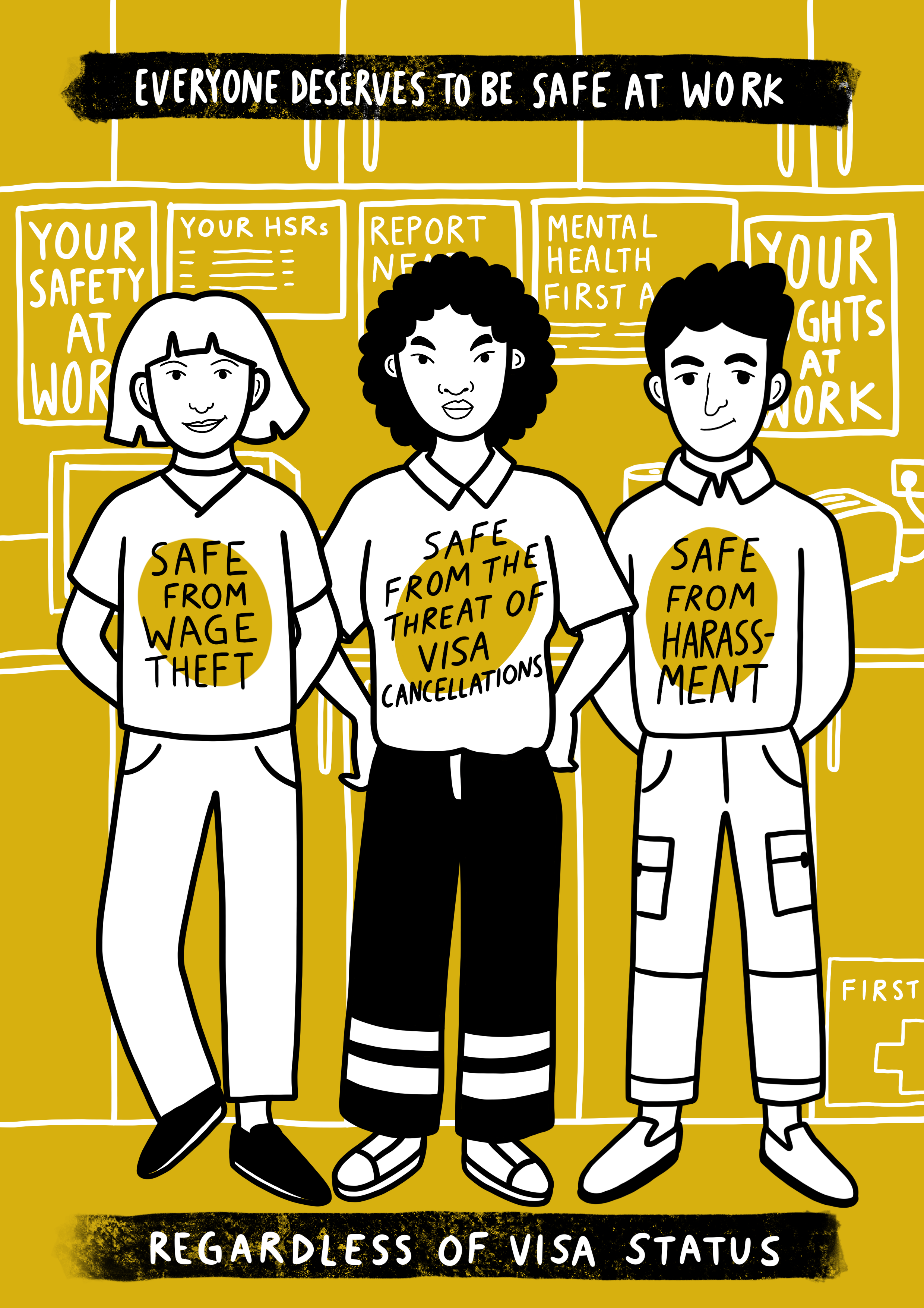 Artwork by Judy Kuo, of three migrant workers looking staunch. Text reads, 'Everybody deserves to be safe at work regardless of visa status'.