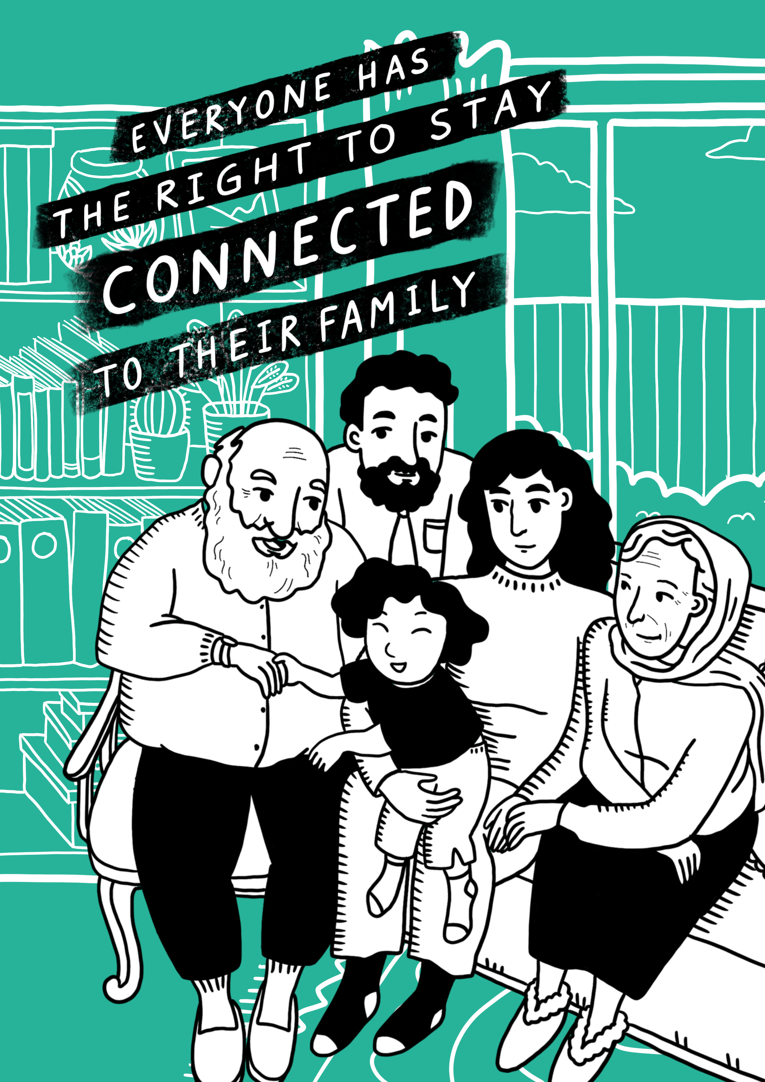 Artwork by Judy Kuo showing a family of migrants, with the text 'everyone has the right to stay connected to their family.