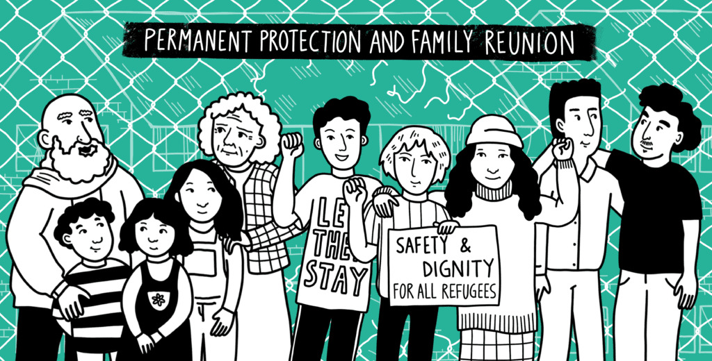 Art by Judy Kuo, showing a group of people outside a broken fence, supporting refugees.