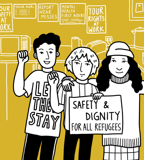 Artwork showing three migrant workers holding signs with a background with posters saying your rights at work.